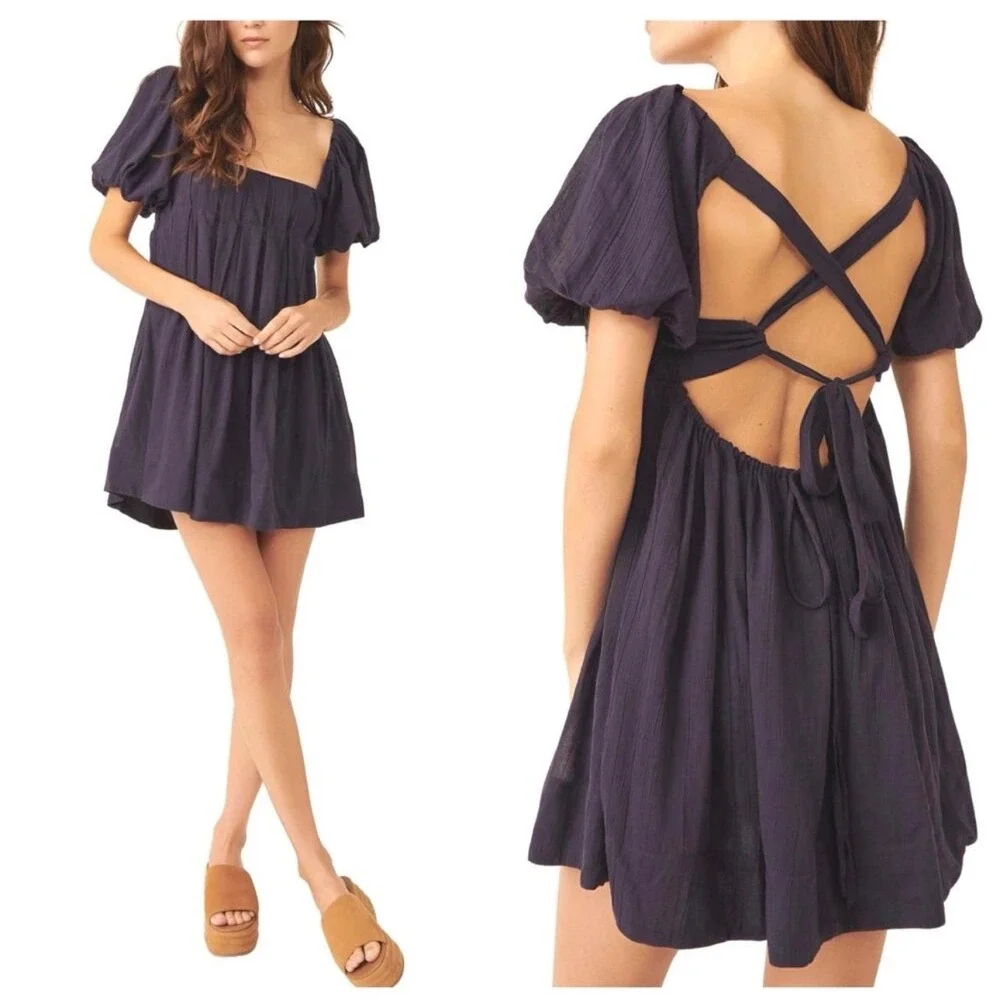 Free People Endless Summer Marina Tie Back Cotton Babydoll Dress Black Size XS